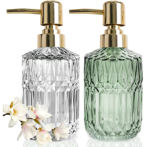 Set di 2 dispenser di sapone in vetro verde trasparente, elegante flacone con pompa da 390 ml, stile vintage per il bagno