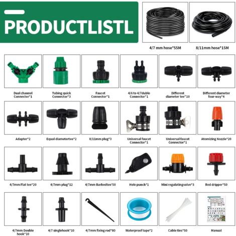 Sistema di irrigazione da giardino, kit di irrigazione a goccia da 340 pezzi, kit di irrigazione automatica da 55 m + 15 m, kit di irrigazione a goccia Sistema di irrigazione da giardino per piante da