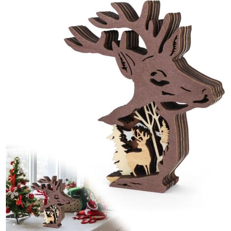 Cervi di Natale, Decorazioni di cervi di Natale, Intaglio di statuette di legno retrò, Sovrapposizione, Statuetta di animali della foresta Soggetto natalizio (1/5)