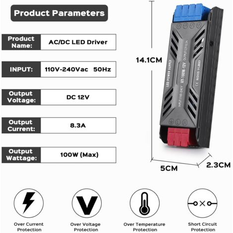 Trasformatore LED 220V 12V Convertitore DC 100W Driver LED Adattatore di alimentazione ultra sottile 8,3A, alimentatore a bassa tensione da 220 V CA a 12 V Trasformatore LED a tensione costante (1/4)