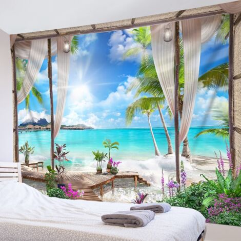 Arazzo da parete con oceano turchese da 200x150 cm, arazzo da parete con spiaggia, coperta da parete con paesaggio tropicale dell'isola, arazzi da balcone, decorazione da parete per la casa, soggiorno