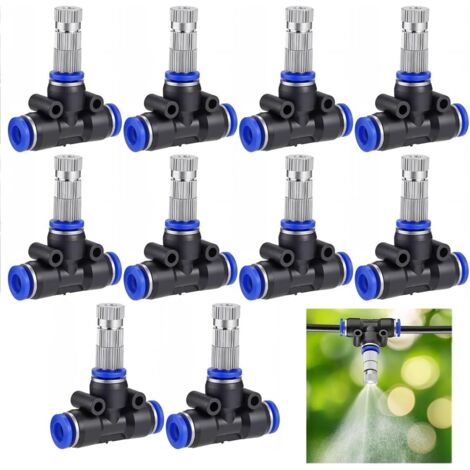 10 ugelli in ottone con connettore a T da 6 mm - Ugelli a microgoccia - Ugelli da giardino per sistemi di raffreddamento e nebulizzazione per esterni (1/5)