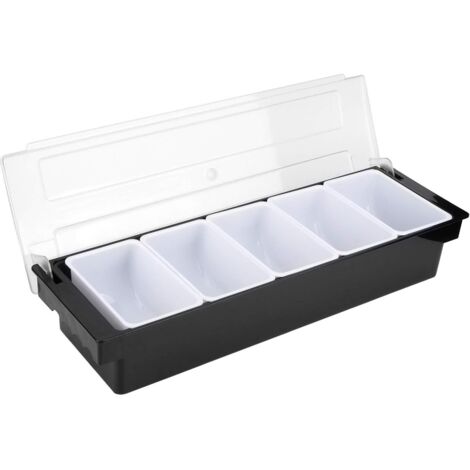 Distributore di condimenti in plastica, vassoio per frutta, guarnizioni e condimenti, 5 scomparti con coperchio per servire tacos/gelato/frutta/insalata (1/5)