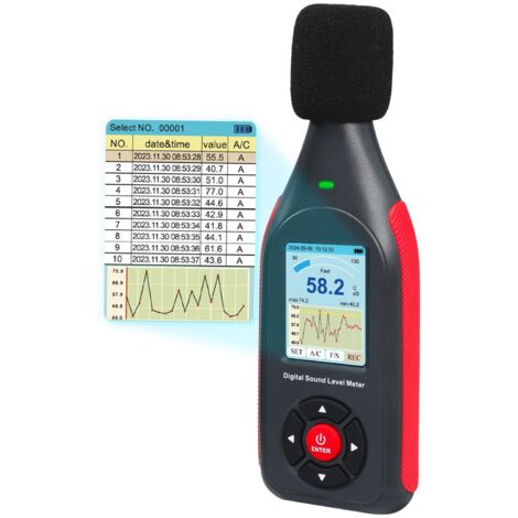 Registratore dati - Misuratore di decibel digitale - Misuratore di livello sonoro con 43.000 set di dati ed esportazioni - Misuratore di livello sonoro ricaricabile con frequenza A/C e uscita CC con
