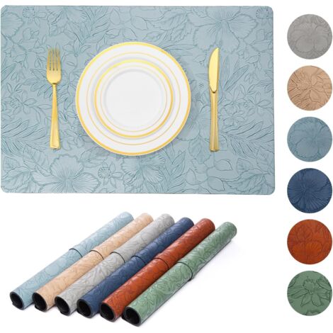 Set di 6 tovagliette in similpelle con motivo floreale, impermeabili, resistenti al calore, all'olio, lavabili, facili da riporre, regalo per la famiglia, 17 x 12 pollici, azzurro  6