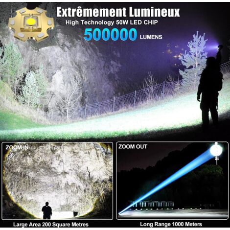 Torcia LED ultra potente, torcia ricaricabile da 500000 lumen, potenti torce da 5000 mAh, zoombar impermeabile IP65 per campeggio, escursioni di emergenza