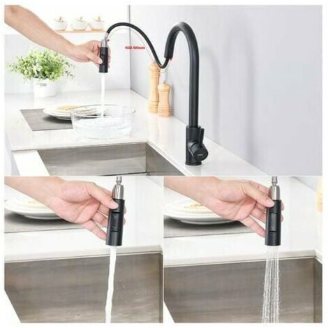 Rubinetto da cucina in acciaio inox, girevole a 360°, nero opaco, miscelatore per lavello da cucina, 2 funzioni, miscelatore da cucina