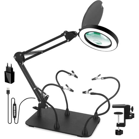 Lente d'ingrandimento 2 in 1 con luce e supporto per saldatore, lampada da scrivania 10x con terza mano, lente d'ingrandimento per saldatore per lettura, riparazione e artigianato.