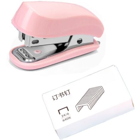 Mini cucitrice manuale con leva punti e 1 scatola di punti, grazioso articolo di cancelleria per studenti e ufficio (rosa) (1/5)