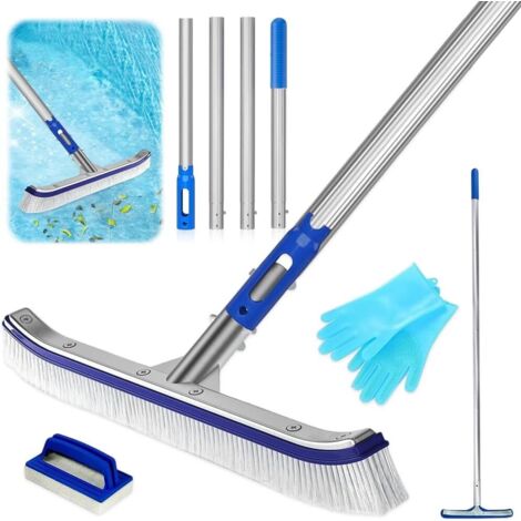 Spazzola per la pulizia della piscina da 44 cm con manico in alluminio regolabile, guanti e spazzola in spugna per una facile pulizia del fondo, delle pareti e del pavimento della piscina.