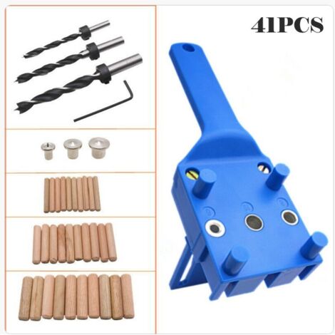 41 pezzi, guida per la foratura di tasselli, guida per la foratura di tasselli in legno con strumento di centraggio per tasselli da 6 mm/8 mm/10 mm per legno portatile, 41 pezzi, blu (1/5)