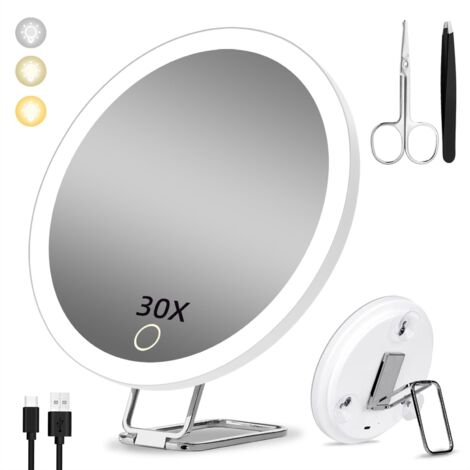 Specchio ingranditore 30X con luce, 15 cm, 3 modalità di oscuramento del colore, specchio per il trucco illuminato 30X, grande specchio ingranditore da viaggio ricaricabile con 3 ventose e supporto da
