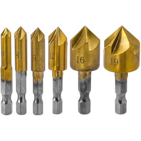 Set di 6 punte svasate a 5 taglienti - Rivestite in titanio - Attacco esagonale da 1/4" - Testa svasata a 82° - Per punte da trapano per legno da 6 mm, 8 mm, 9 mm, 12 mm, 16 mm, 19 mm (1/5)