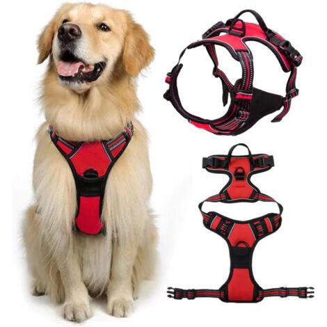 Pettorina anti-tiro per cani, pettorina riflettente per cani, pettorina regolabile anti-tiro traspirante per cani di taglia media e grande con maniglia controllabile, rossa, L
