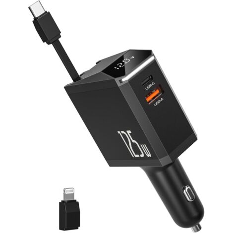 Caricabatterie da auto retrattile da 125 W, caricabatteria da auto USB C, caricabatterie rapido per telefono con cavo retrattile di tipo C, adattatore per presa accendisigari per iPhone, Galaxy
