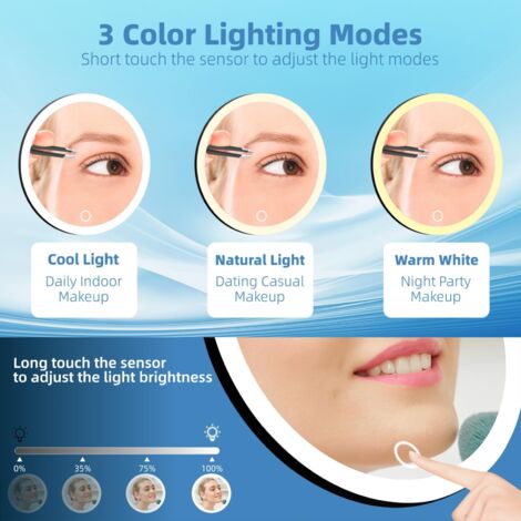 Robofun Specchio Trucco con Luci, 1X/20X Specchio Ingranditore con Luce, 3 Colori di Luce e Luminosità Regolabile dal 20%-100%, 3000mAh Specchio Ingranditore