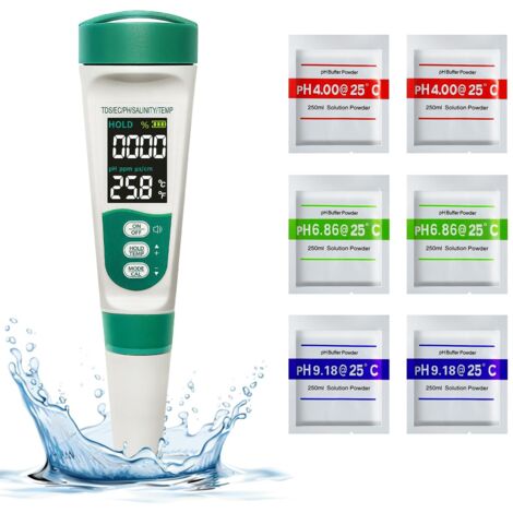 Misuratore di pH elettronico, kit tester per piscina 5 in 1, tester ricaricabile di pH/TDS/EC/salinità/temperatura, display retroilluminato VA, tester di sale per piscina, per acqua potabile, acquario
