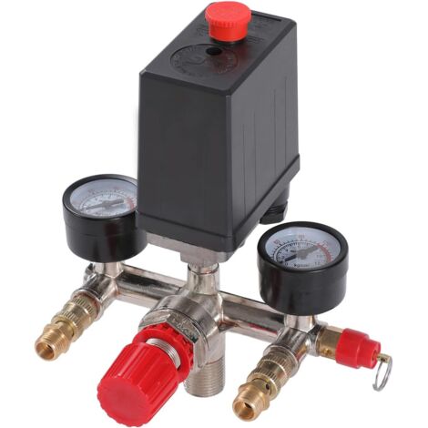 Pressostato per compressore d'aria G1/4" con doppia uscita e valvola di sicurezza Regolatore di manometro Accessorio per utensili pneumatici (1/5)