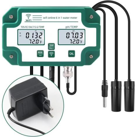 Tester della qualità dell'acqua WiFi 6 in 1, monitor multiparametrico della qualità dell'acqua, misuratore digitale di pH/solidi totali disciolti/EC/SG/sale/temperatura per piscine di acquacoltura