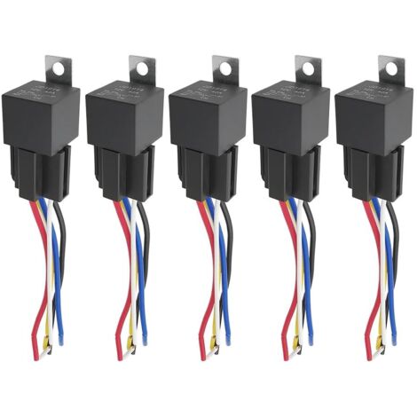 5 pezzi JD1914 12V 40A Relè per auto con prese Cablaggio relè SPDT a 5 pin con fili etichettati a colori per auto, camion, moto, barca (1/5)