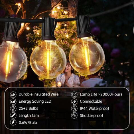 Luci LED per esterni, 15M luci fatate per esterni lampadine LED G40 IP44 impermeabili, catena luminosa per esterni per patio, matrimonio, Natale [classe energetica E] (1/4)