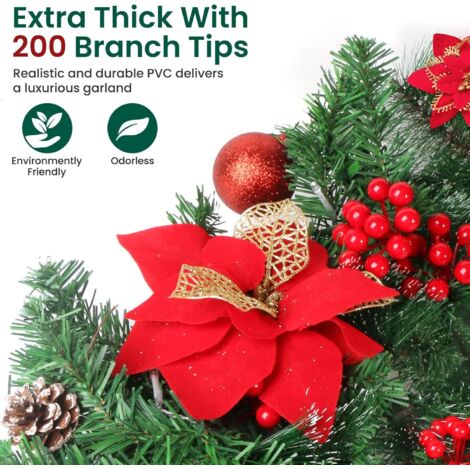 Ghirlanda di albero di Natale artificiale con luci a LED, ghirlanda di Natale da 270 cm, decorazione di ghirlanda di Natale per camino, parete, porte, scale, cortili, giardino (rosso