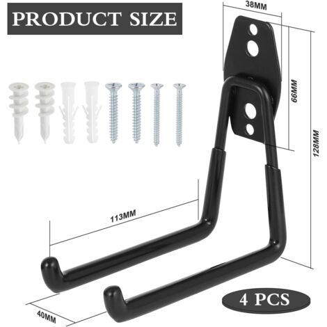 4 pezzi ganci multiuso, gancio doppio in acciaio per garage con rivestimento antiscivolo, gancio portautensili, per utensili elettrici, biciclette, scale (11,3 12,8 cm, nero) (1/4)