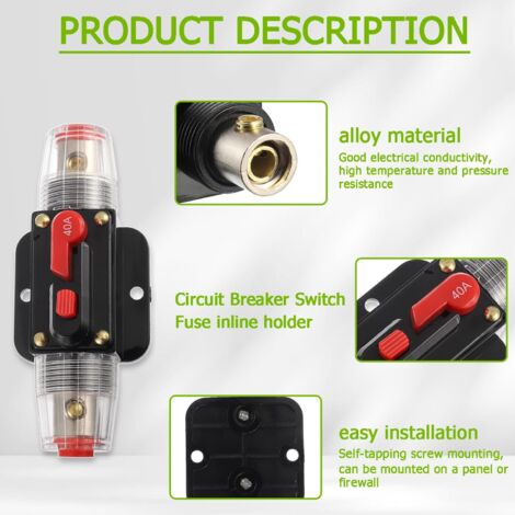 Interruttore automatico da 40 A, portafusibile in linea da 40 AMP, pulsante di ripristino manuale da 12 V a 51 V CC per sistema di amplificazione audio per auto, camper, casa, barca marina, camion