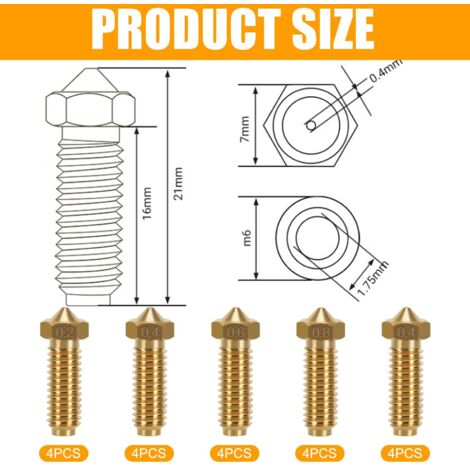 20 pezzi ugelli per stampante 3D Kobra 2, ugelli in ottone, 4 pezzi ugelli in acciaio temprato 0,4 mm, 0,2 mm, 0,6 mm, 0,8 mm e 0,4 mm per stampante Volcano, Anycubic, Vyper (1/4)