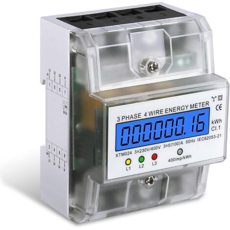 Contatore elettrico trifase a 4 fili, misuratore di consumo elettrico digitale LCD 230/400 V 5-100 A, montaggio su guida DIN, per sistemi di misurazione della potenza