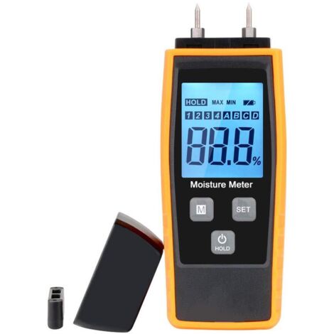 Tester di umidità digitale HD, display LCD con retroilluminazione, rilevatore di umidità del legno, 8 gruppi calibrati per la selezione e 2 pin sensore per notebook (1/5)