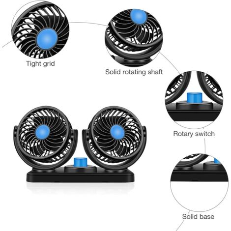 Ventilatore per auto, 12 V, doppia testa, rotazione a 360 gradi, portatile, con 2 velocità, vento