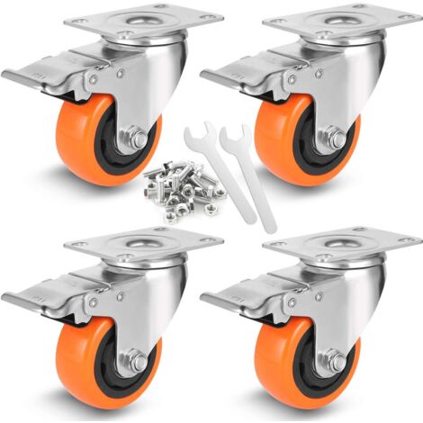 Ruote girevoli da 75 mm con 4 freni, ruote resistenti con doppio bloccaggio fino a 450 kg, ruote in polietilene adatte a tutti i pavimenti, mobili, scaffali, scatole per giocattoli, set da 4 (1/5)