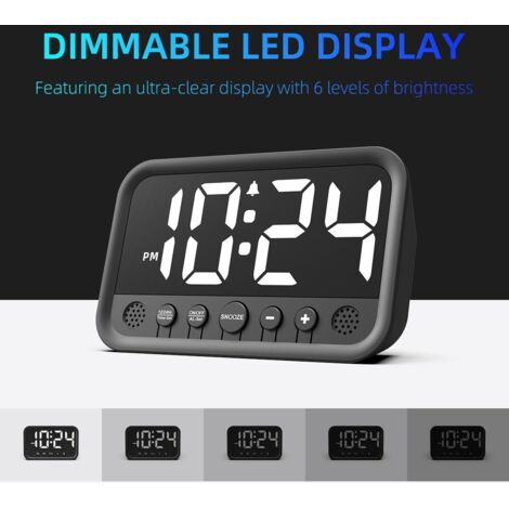 Ginezer Sveglia Digitale LED In Legno – Silenziosa, 5 Livelli Di Luminosità, Doppia Allarme, Snooze, Alimentazione USB O Batteria, Nero