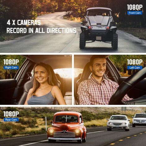 Dashcam per auto a 360°, con 4 telecamere anteriori e posteriori 1080P, telecamera per auto con WiFi, modalità parcheggio 24 ore su 24, con visione notturna con scheda da 128 GB