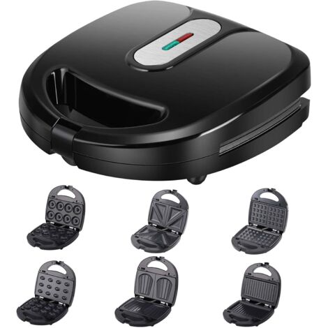 Mini macchina per ciambelle 6 in 1, macchina per grigliare con riscaldamento bifacciale, padella antiaderente, 6 stampi da forno e spie luminose, tostapane per sandwich da 750 W per casa e esterni