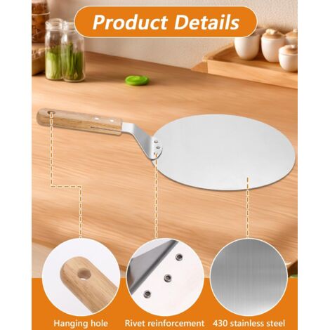 Pala per pizza, pala per pizza in acciaio inox, pala per pizza rotonda da 10 pollici con manico in legno e vassoio in acciaio inox, spatola ideale per pizza, pane e dolci, argento (1/4)