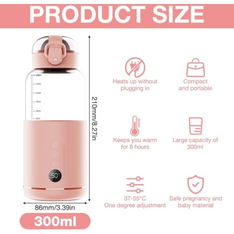 Scaldabiberon portatile, scaldabiberon per auto da 300 ml, temperatura regolabile da 37 a 55 °C, riscaldamento rapido e ricarica rapida, scaldabiberon portatile wireless per viaggi, auto, aereo (rosa) (1/4)