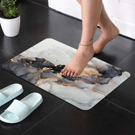 Tappetini da Bagno 3 Pezzi,3D Marmo Nero Bianco Rosa Color Crema Flanella Assorbimento D'Acqua Tappetini da Bagno Tappetino WC Sagomato a Forma di U e Tappeti Antiscivolo (Nero,40×60 cm 3PCS