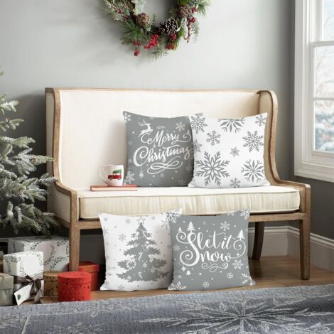 Federa per cuscino natalizia grigia e bianca 45 x 45 cm, federa decorativa in morbido velluto con fiocco di neve invernale, per divano, camera da letto, casa, decorazione natalizia, 4 pezzi