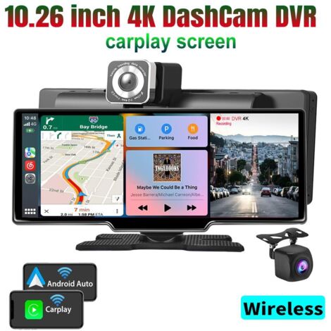 Dash cam per auto con scheda SD da 128 GB, CarPlay, Android Auto, doppio obiettivo anteriore e posteriore, telecamera per la retromarcia impermeabile (128 GB) (1/4)