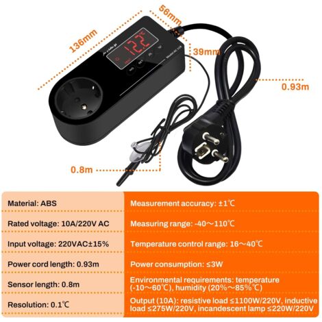 Presa di controllo della temperatura, 250 V con sonda, timer digitale, termostato per serra, frigorifero, acquario, terrario, rettili