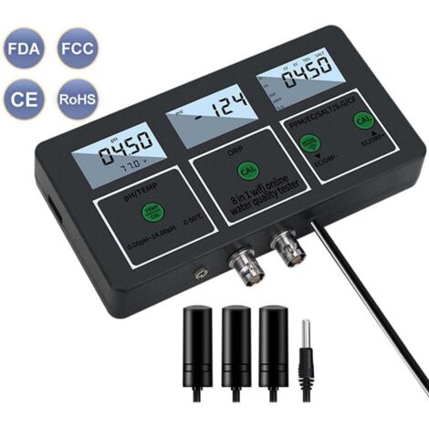 Tester della qualità dell'acqua con app per la temperatura, 8 in 1 pH / ORP / EC / tds / sale / sg / / temp, connessione WiFi, controllo tramite app per piscine e acquari, spina UE.