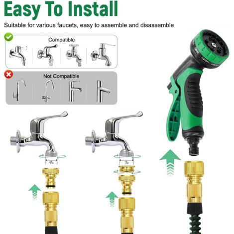 Tubo flessibile da giardino verde lungo 15 m con ugello e connettori in ottone da 3/4 di pollice e 1/2 pollice, 10 funzioni, 3 prolunghe, anti-groviglio, adatto per giardini, pavimenti, terrazze, auto (1/4)