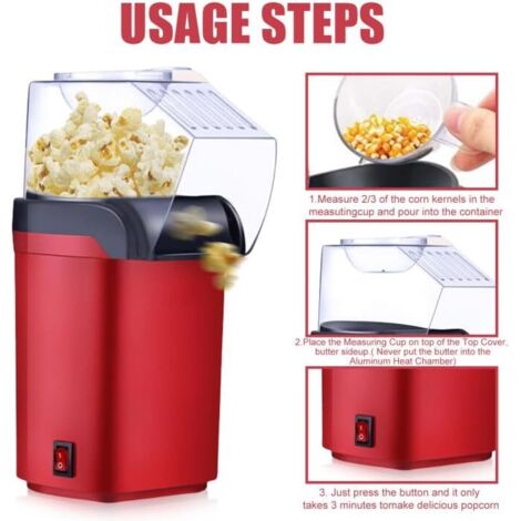 Macchina per popcorn ad aria calda per bambini con coperchio trasparente e misurino: macchina per popcorn automatica retrò da 1200 W, a basso contenuto di grassi e silenziosa per le feste dei bambini