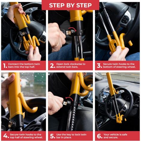 Bloccasterzo ELI73 T-Bar Universale Antifurto Per Auto E Furgoni - Acciaio Robusto, Alta Visibilità, 3 Chiavi Incluse
