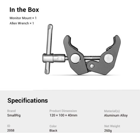 Super Clamp Per Fotocamera In Alluminio - Morsetto Con Gomme Antiscivolo, Attacco 1/4" E 3/8" Per Bracci E Monitor
