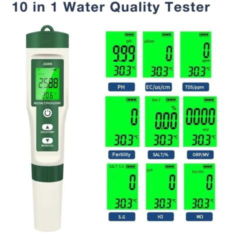 Tester del pH del terreno, tester digitale del pH 10 in 1 per qualità dell'acqua, resistività, fertilità, H2, temperatura, ORP, conduttività, TDS, salinità, SG e (1/4)