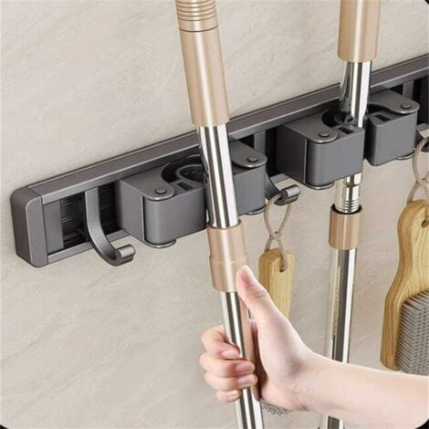 Portascopa da parete, organizer per scope da bagno, non necessita di foratura, 2 clip e 3 ganci, grigio scuro