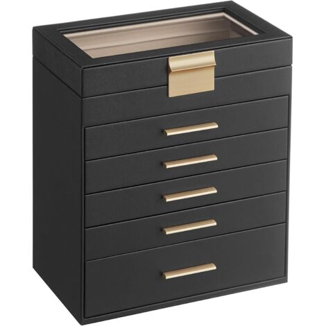 Portagioielli, cassettiera portaoggetti, coperchio in vetro, 5 cassetti, per occhiali da sole, portagioielli, moderno, nero grafite e oro